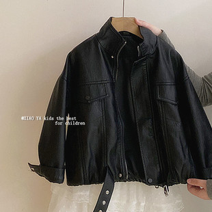 夹克衫 儿童宽松上衣宝宝洋气短款 潮 新款 韩国女童立领皮衣外套春季