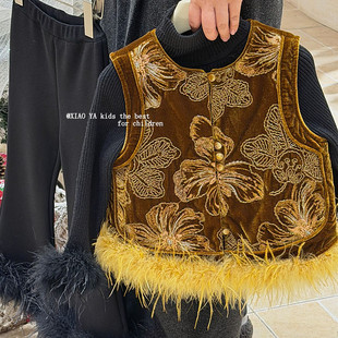 女童丝绒夹棉马甲冬季儿童中国风提花刺绣外套宝宝可拆卸毛毛上衣