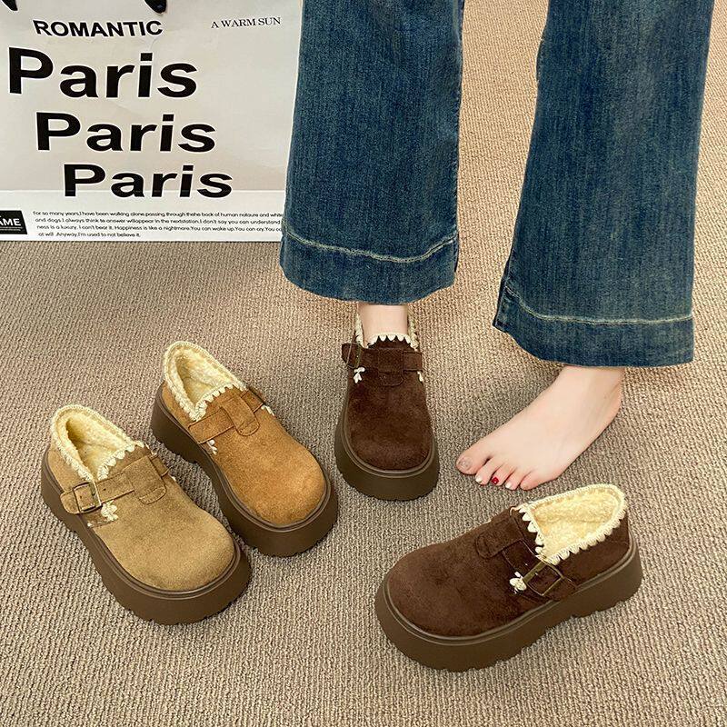 小码勃肯鞋3334女2025新款加绒厚底增高保暖一脚蹬冬季毛毛棉鞋