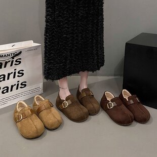 34码特小码毛毛鞋33冬季厚底女外穿一脚蹬2025新款厚底加绒勃肯鞋