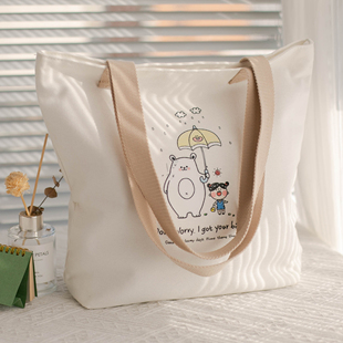 帆布包女夏大容量学生补习袋单肩高级感通勤可爱带拉链休闲帆布袋