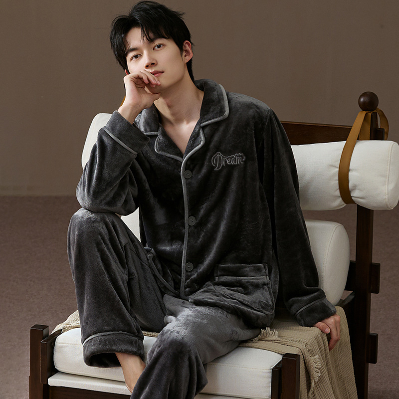 睡衣秋冬季男士珊瑚绒保暖冬天长袖加绒加厚大码法兰绒家居服套装