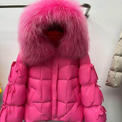 高端皮草连帽蝴蝶绑带鹅绒服