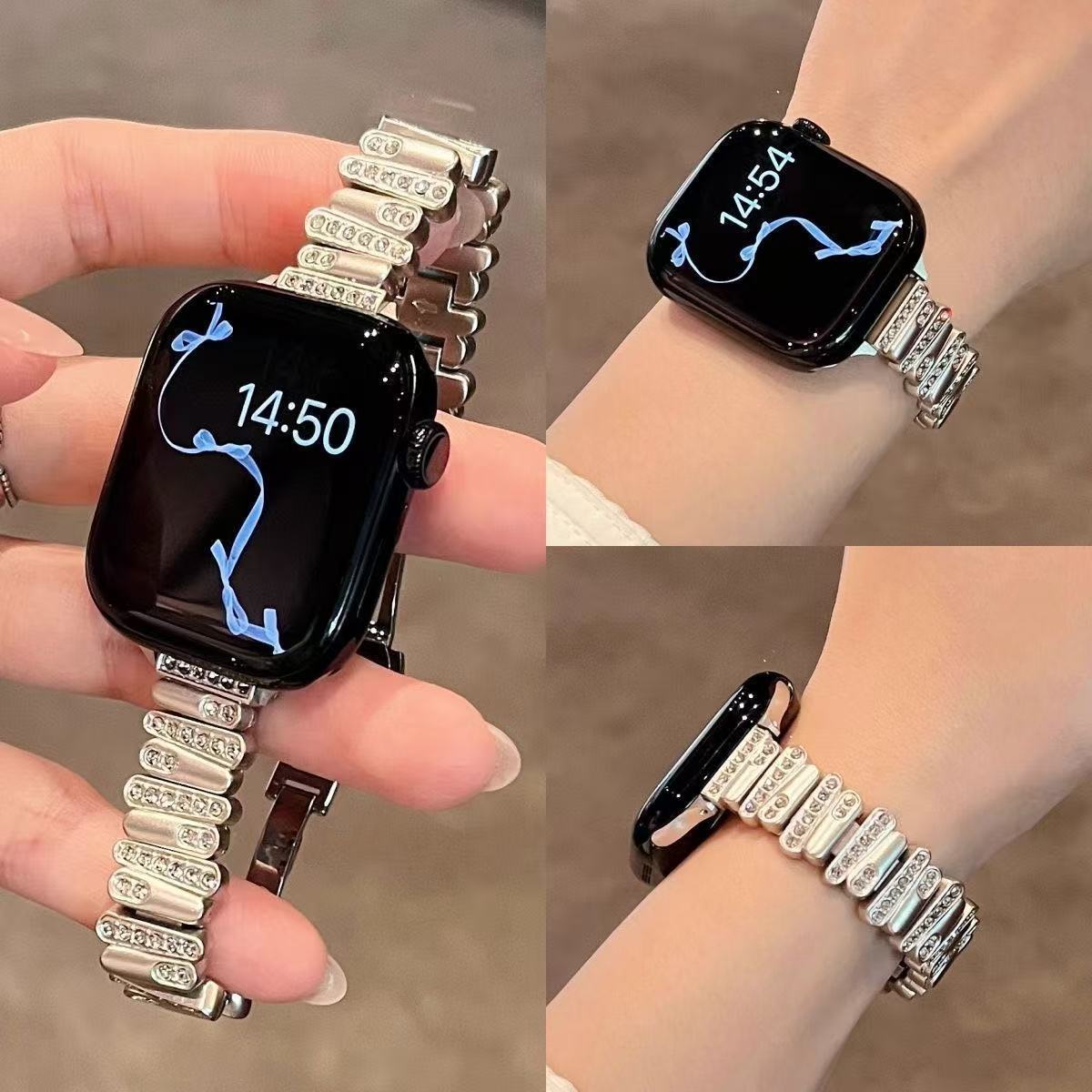 适用适用小米手环9/8pro表带红米wtach6/5/4一株不规则镶钻钢带夏