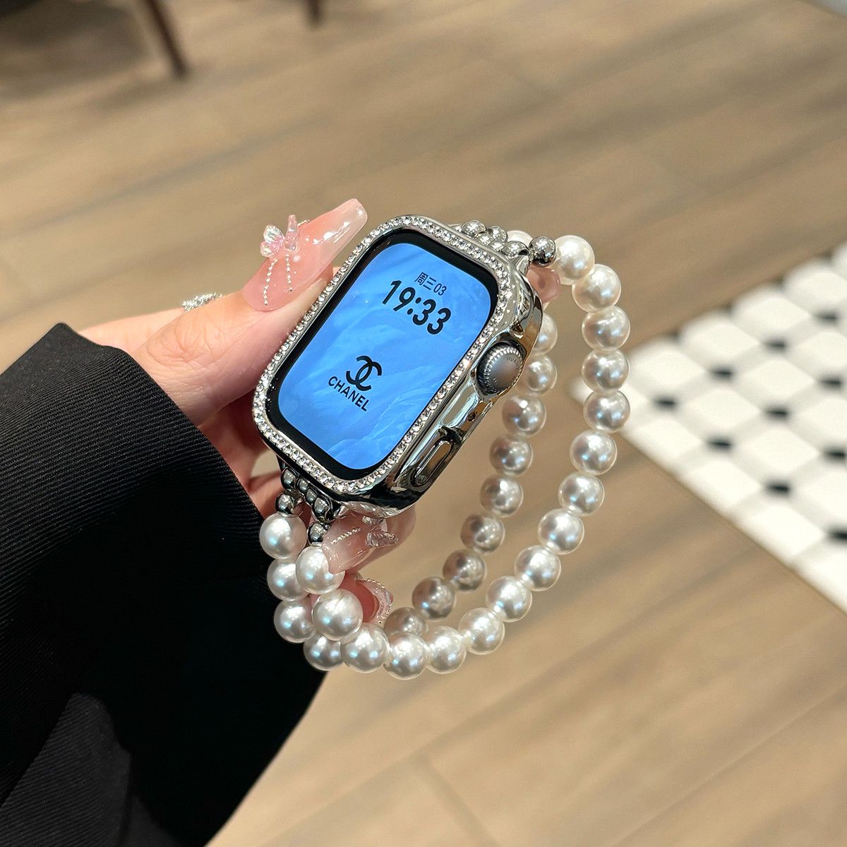 适用极光白珍珠表带适用苹果S11手表带链通用小米10华为Fit43施家