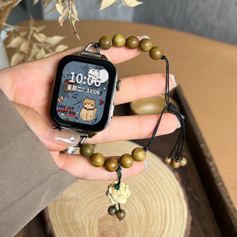 适用适用华为watchfit3表带fit2绿檀珠串珠new替换mini创意拉绳款