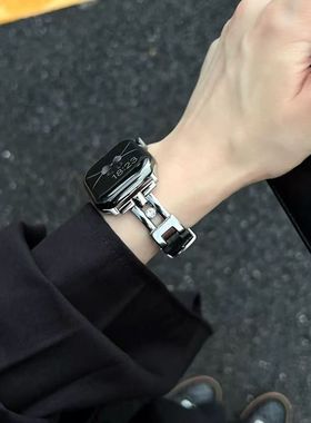 适用苹果S10适用Applewatch789金属拼皮走珠链条iwatch3456蝴蝶扣
