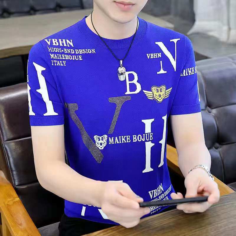 2023新款夏季短袖t恤男士体恤印花修身圆领潮流冰丝夏装上衣服男