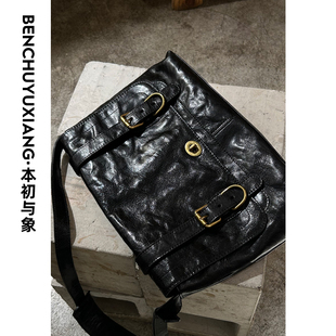 本初与象沫宝家原创巨型兔头层牛皮植鞣皮复古美拉德中性风电脑包