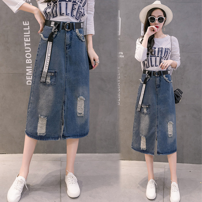 Korean version of the new 2019 Paige cowboy skirt Package hip The dress Split ends A word skirt hole Stepin the Women's clothing/Boutique , Skirts  category - from Buy2taobao.com to provide professional Taobao agent buy service