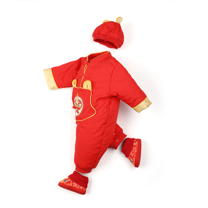 婴儿棉服红色新年满月唐装连体衣
