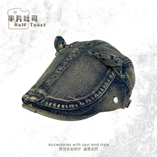 复古做旧牛仔猫耳前进帽春女大头围显脸小早八拍照可爱重工贝雷帽