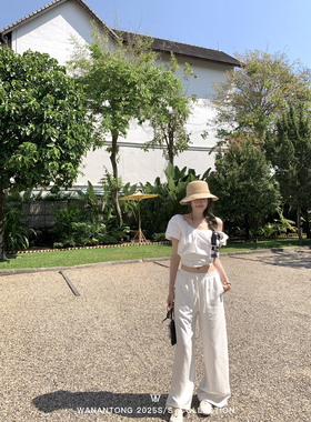 WANANTONG 穿不腻的松弛vacation 法式织带天丝亚麻裤女春季长裤