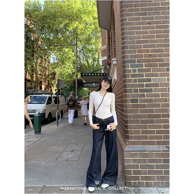 WANANTONG 私服拉夫 超赞大长腿古铜扣原牛牛仔裤女阔腿裤长裤
