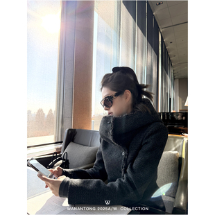 WANANTONG 冷都女 私服线偏爱 羊毛呢大翻领收腰毛毛外套女冬季
