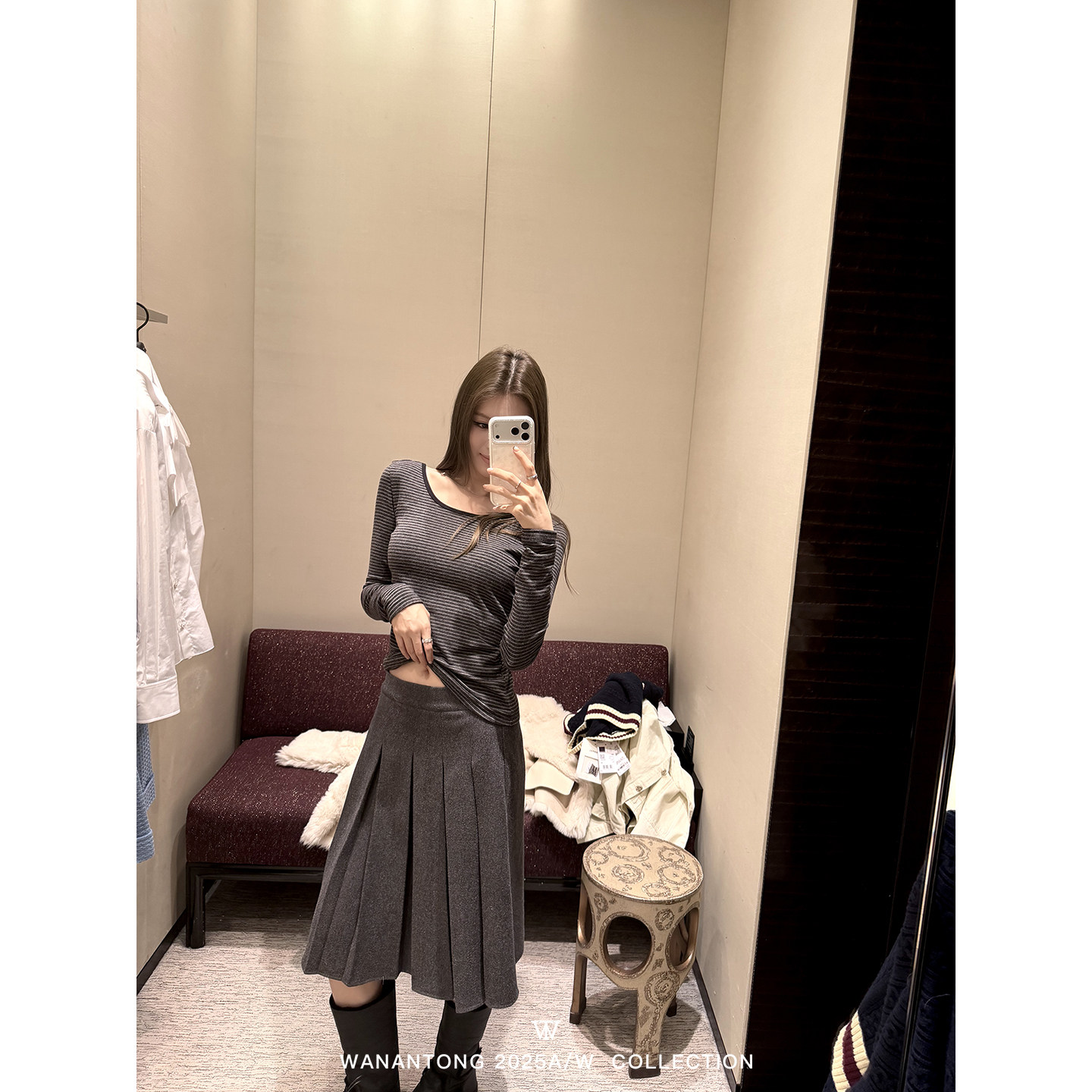 WANANTONG 穿过最显瘦的百褶半裙! 松紧好穿毛呢百褶半裙女冬季