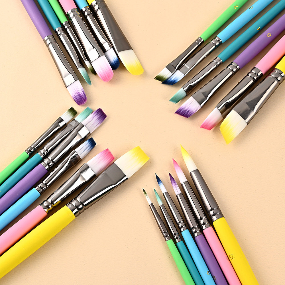 马卡龙画笔斜峰圆头平峰勾线笔6支套装尼龙毛水粉水彩丙烯油画笔
