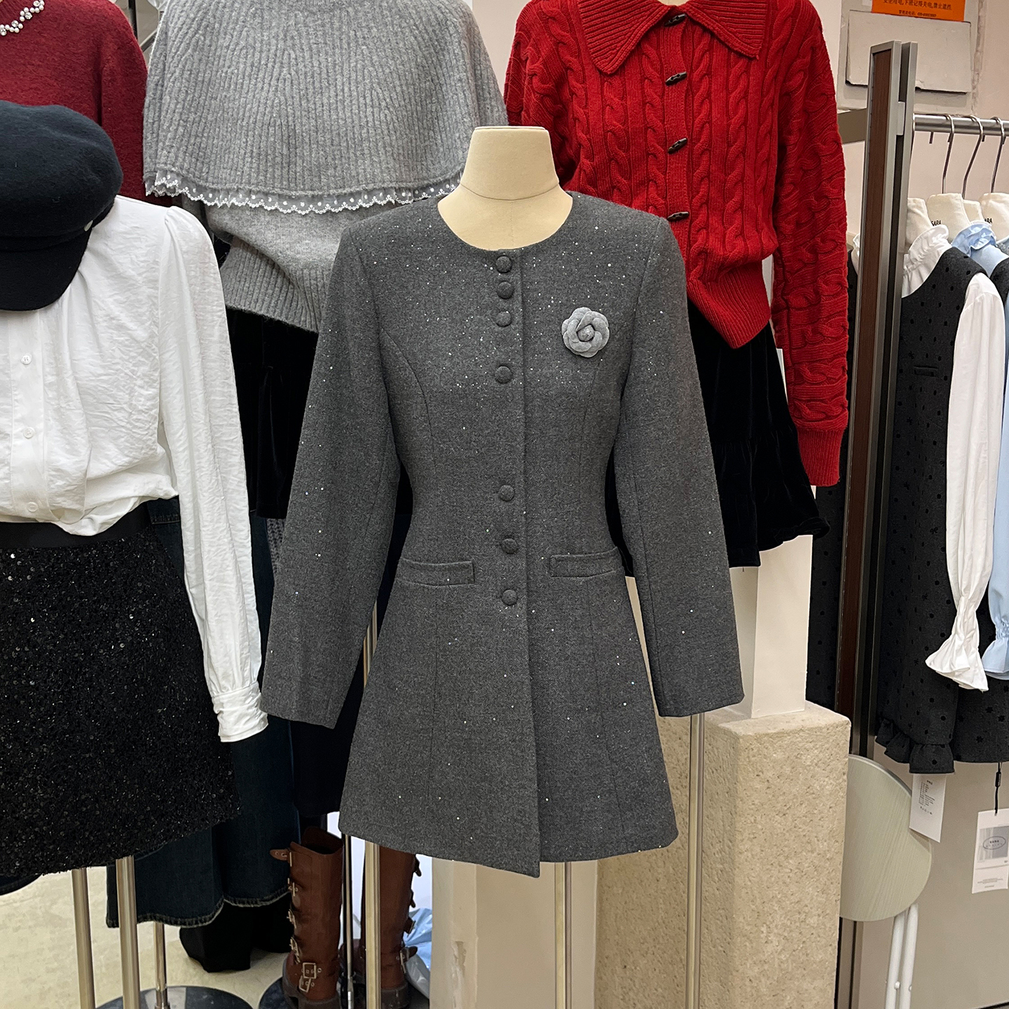 中长款圆领亮片呢子休闲大衣外套