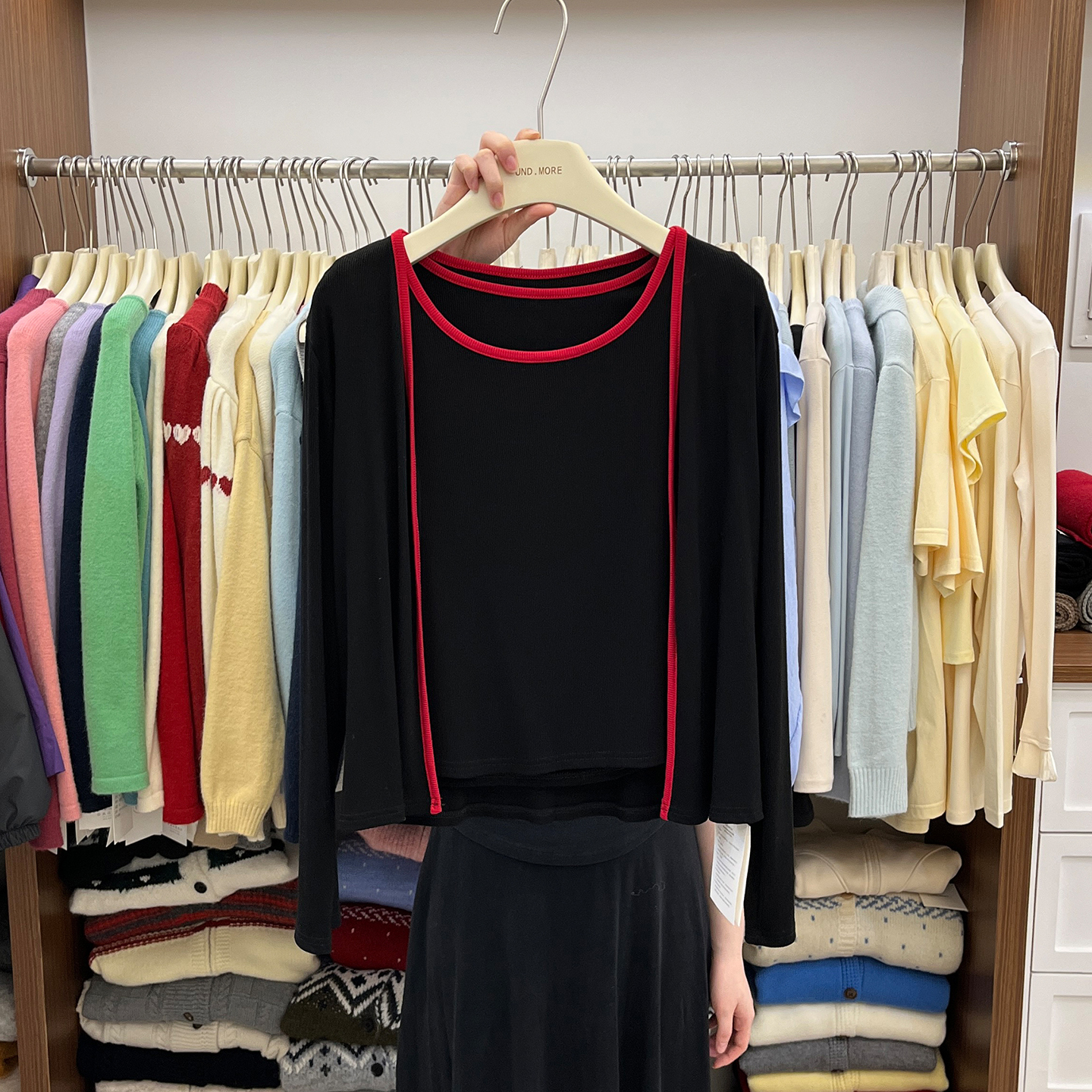 拼色边针织衫套装吊带开衫两件套