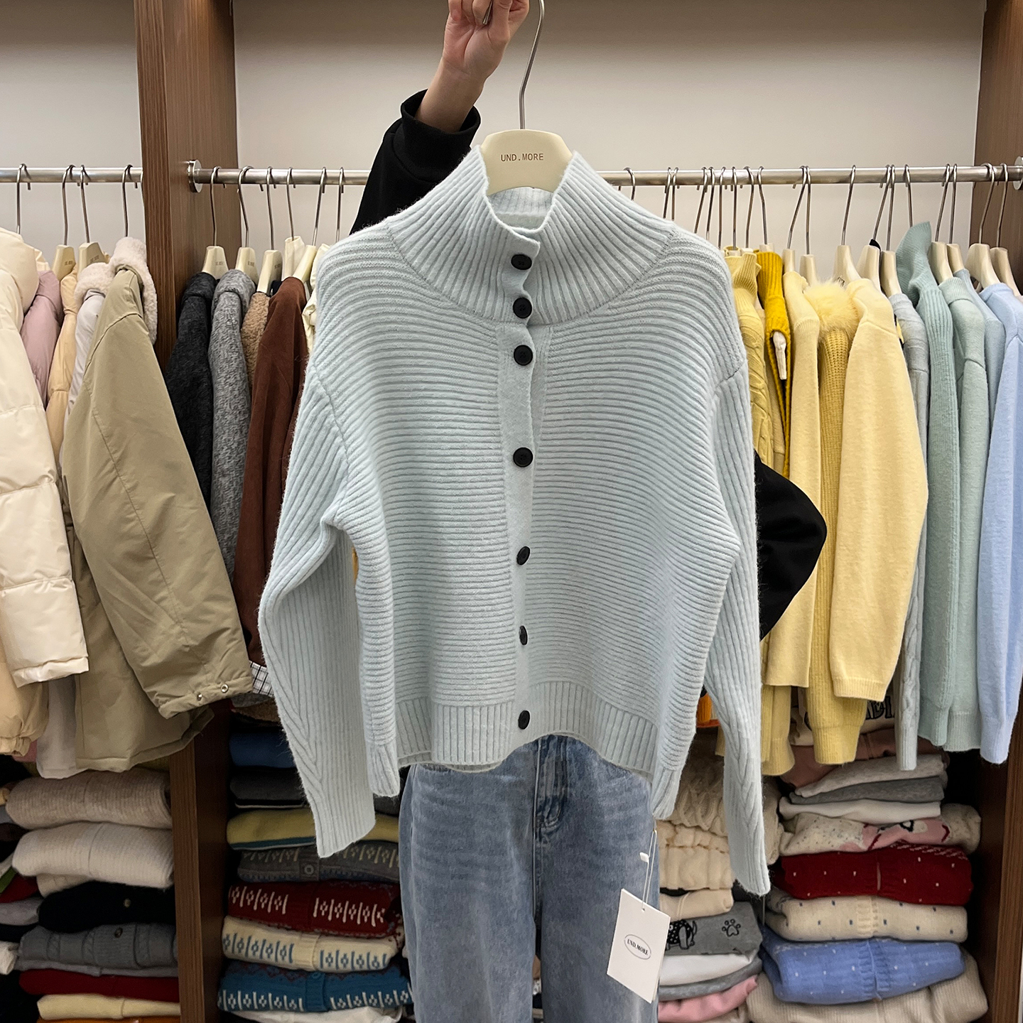 宽松纯色高领毛衣开衫外套女