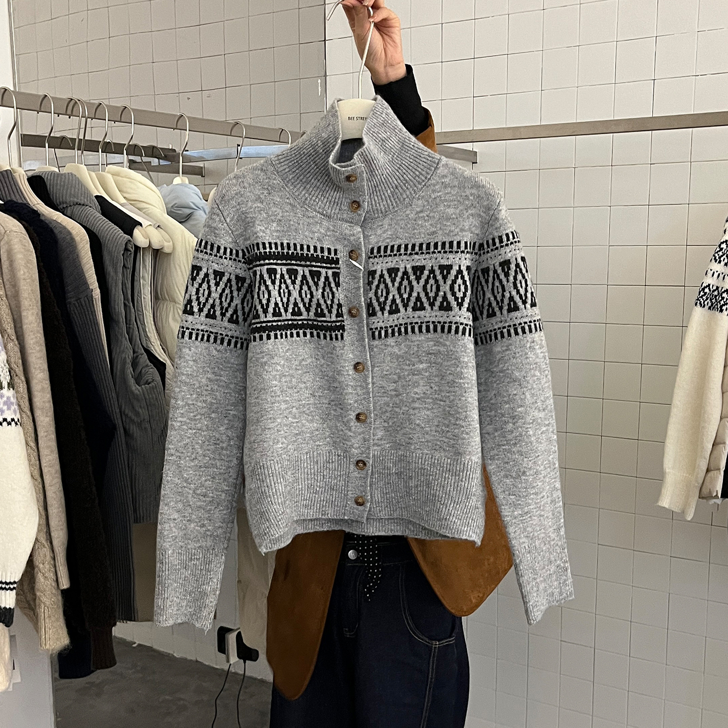 宽松碎花高领毛衣开衫外套