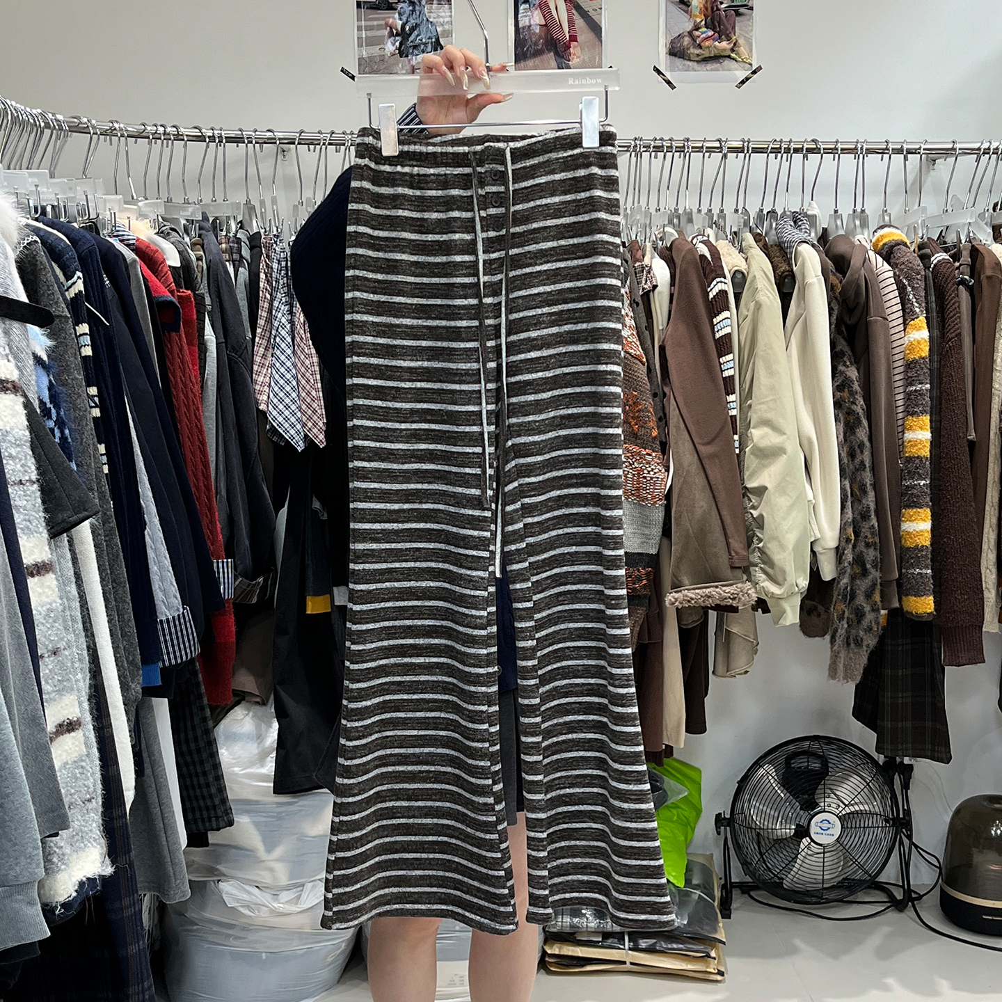 休闲裤条纹针织加绒阔腿裤女