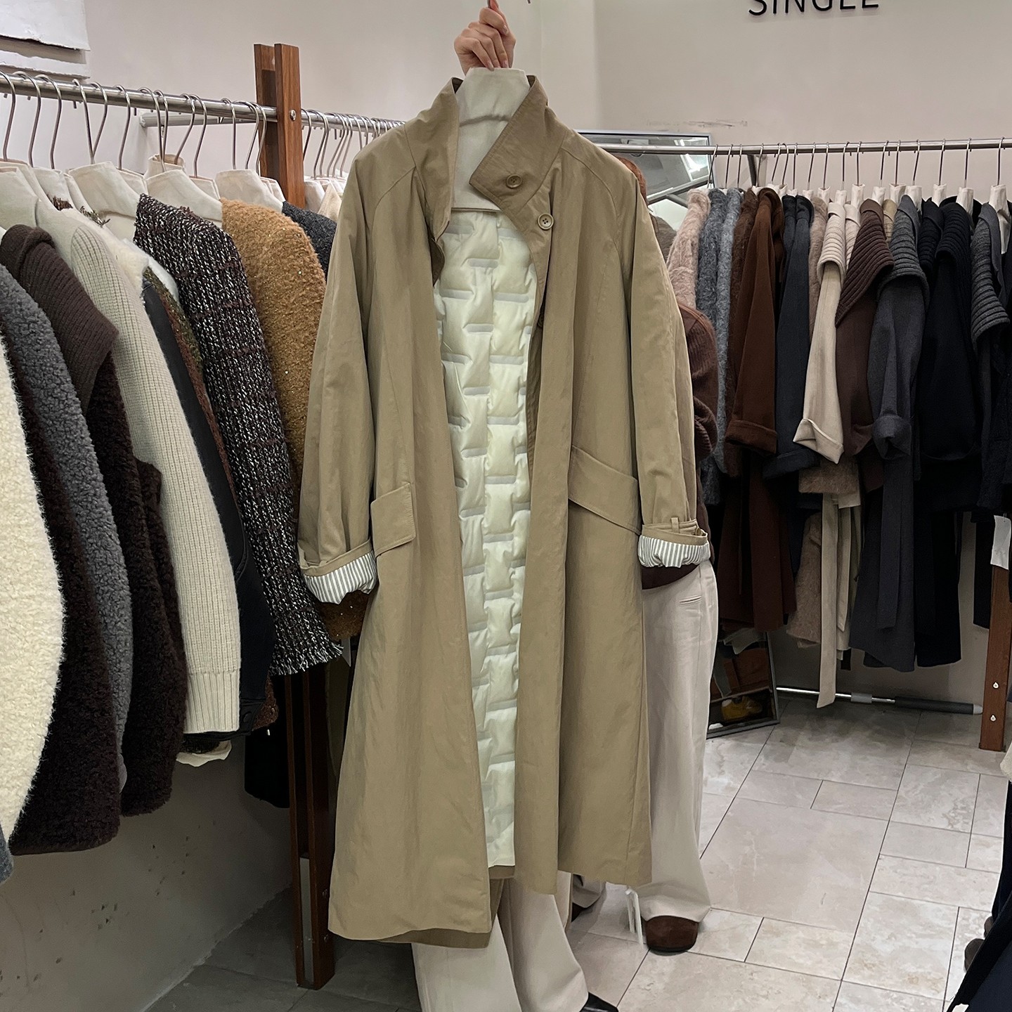 卡其色风衣外套女加厚白鸭绒大衣