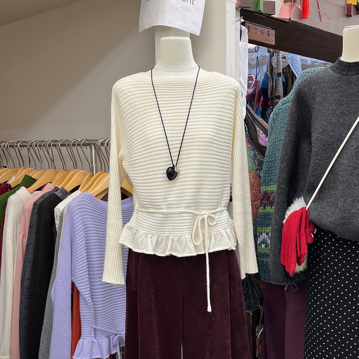 宽松纯色收腰系带洋气针织衫女