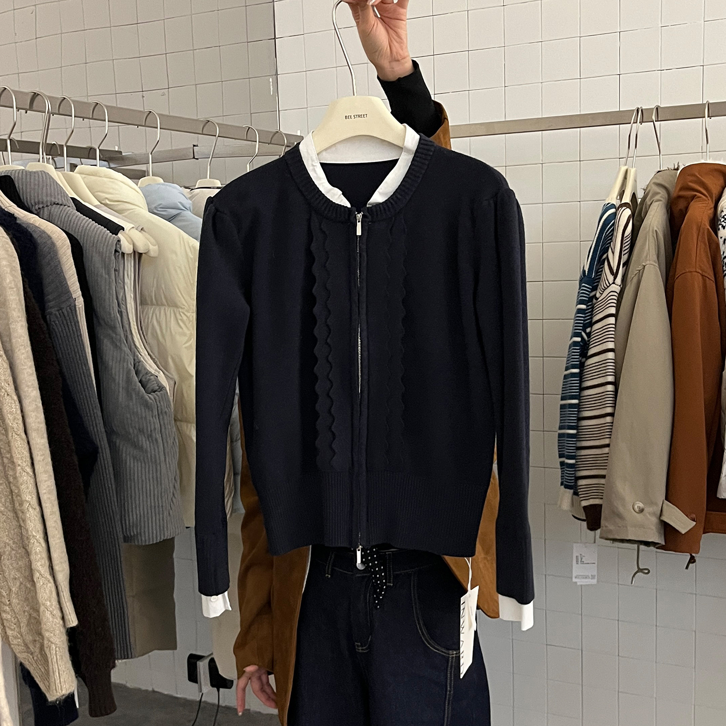 撞色拼接拉链毛衣开衫外套