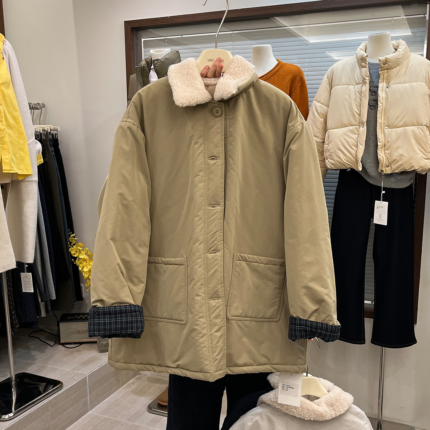 宽松中长款毛领棉服大衣外套