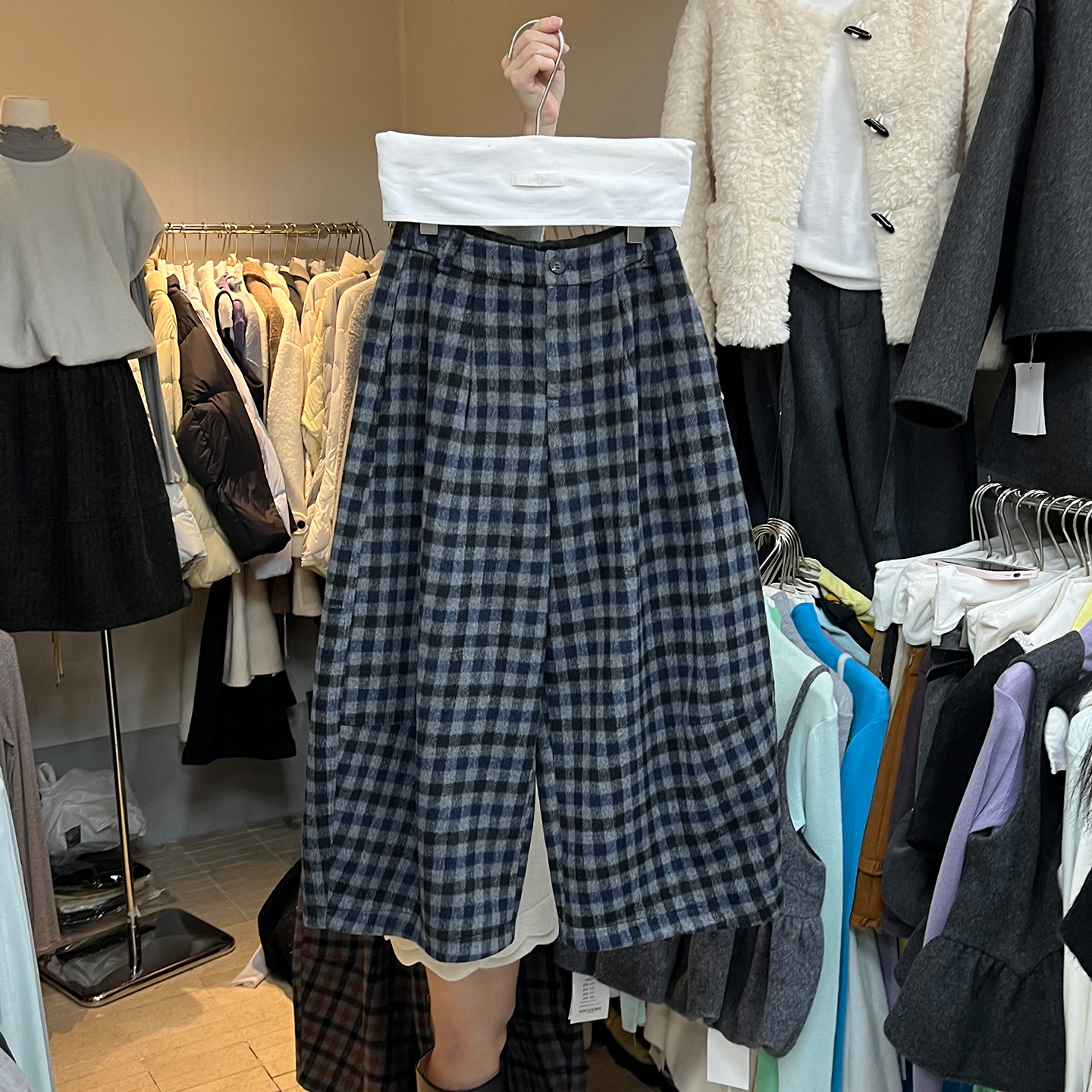 高腰阔腿裤毛呢格子八分裤