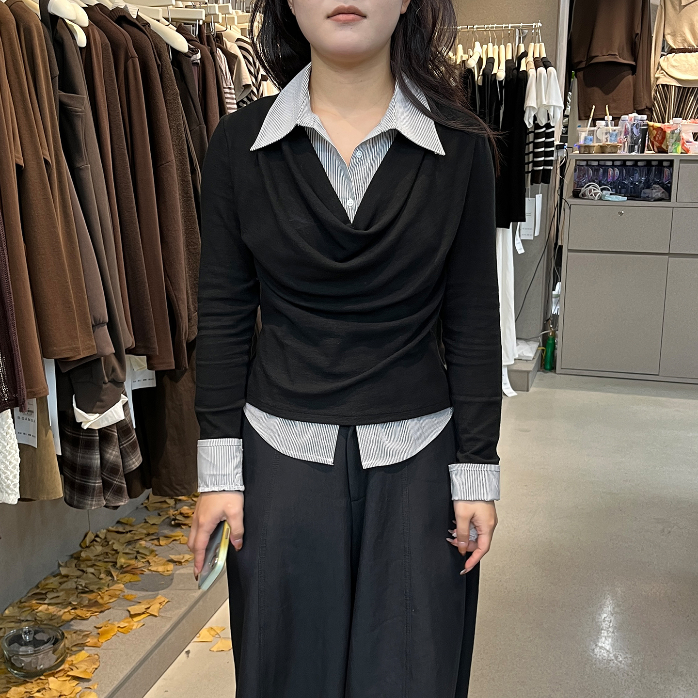 拼接打底衬衫荡领长袖T恤假两件