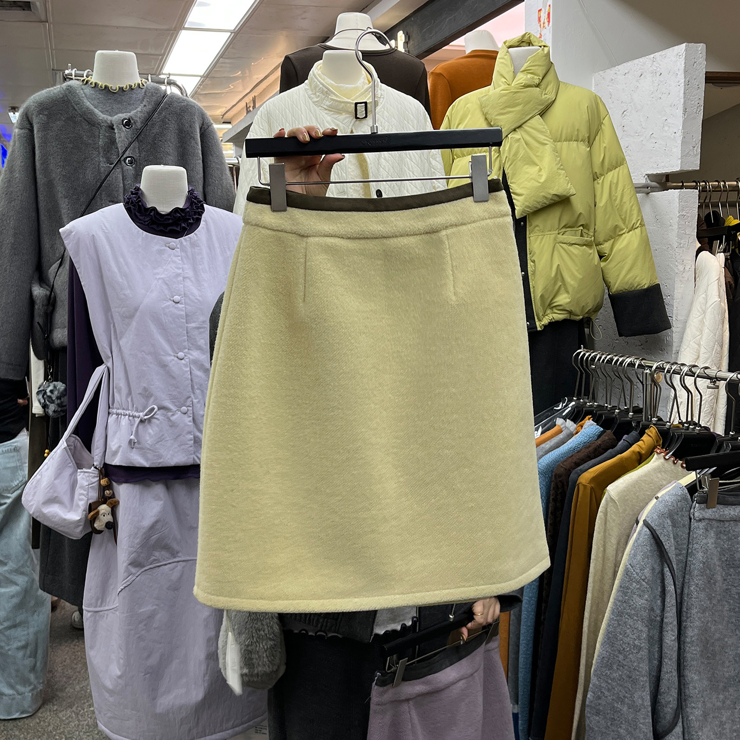 拼色边毛呢半身裙女高腰显瘦中裙