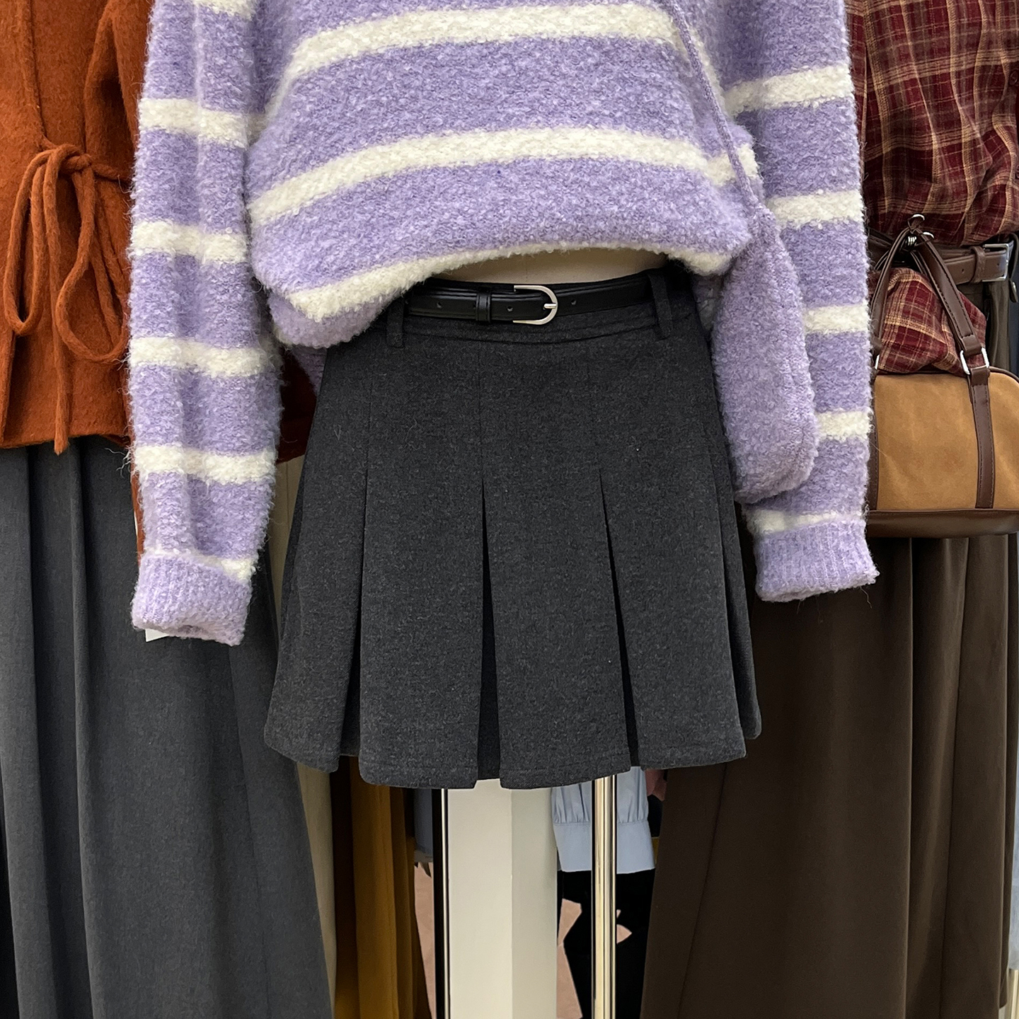 THE BLANK十三行女装2025新款韩系秋冬高腰A字半身裙百褶毛呢短裙