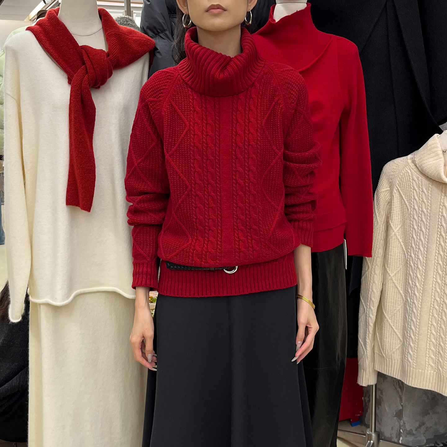 宽松洋气纹理纯色高领长袖毛衣