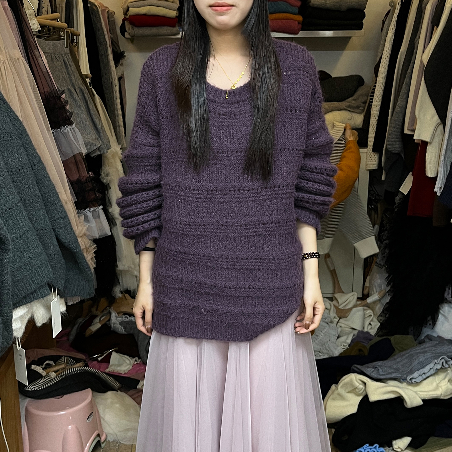 早秋宽松镂空圆领毛衣