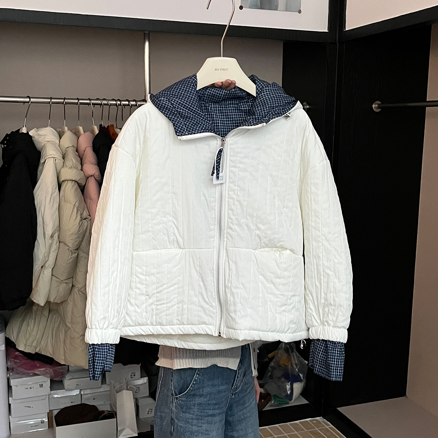 格子拼接连帽棉服外套女