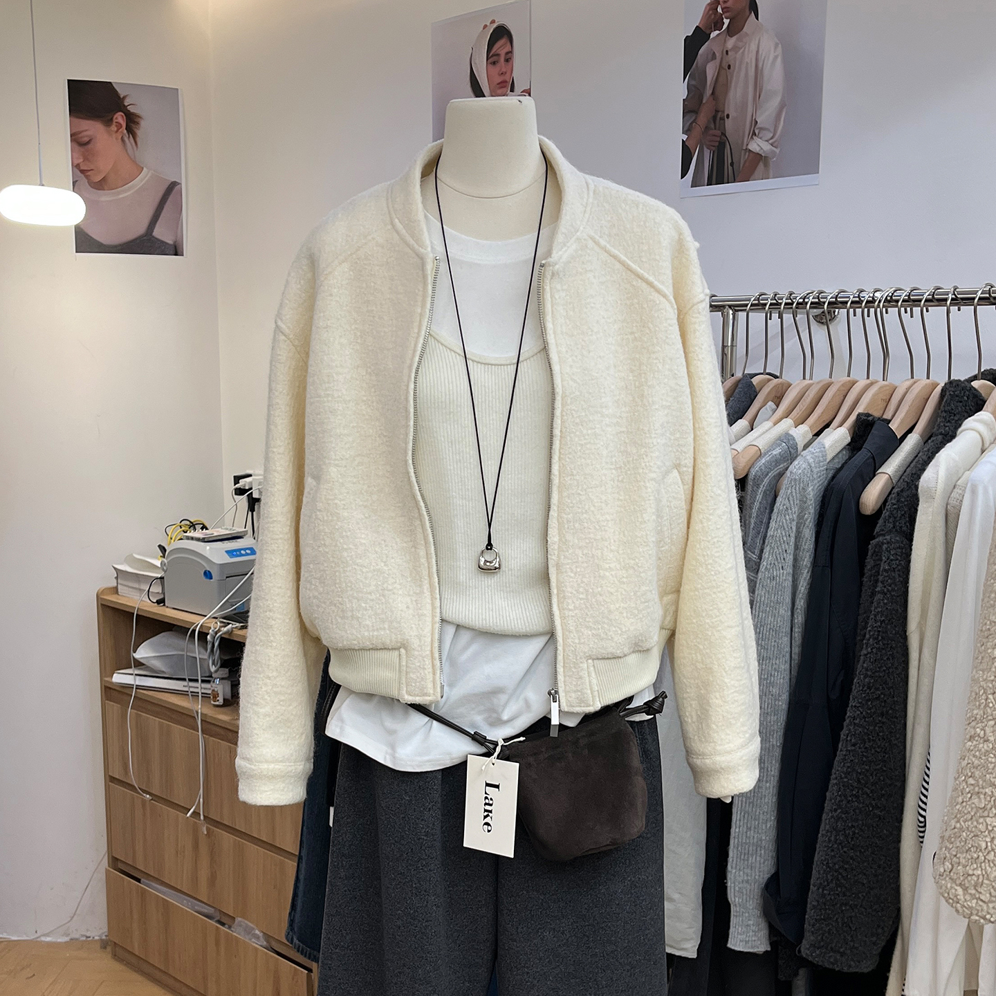 韩系圆领毛呢外套女宽松拉链夹克