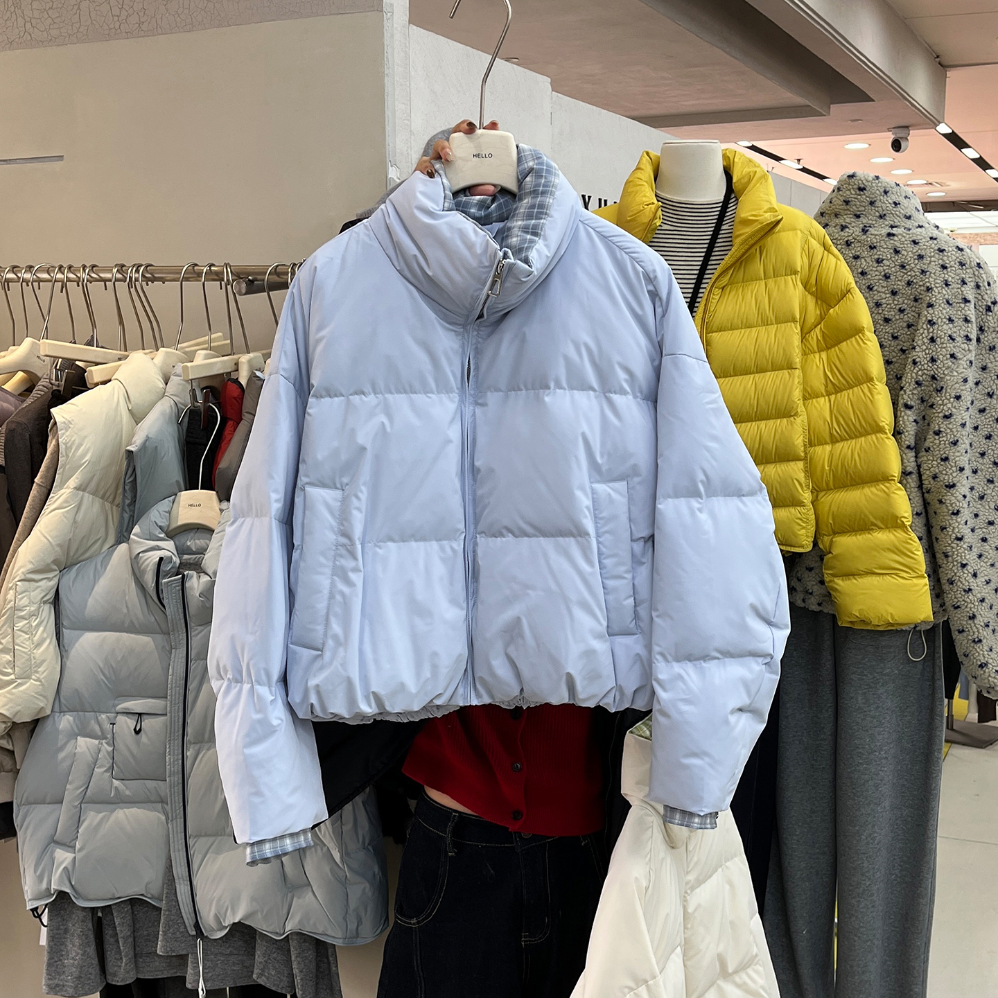 撞色格子羽绒服女时尚白鸭绒外套