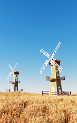 【531-草地风车场景】C4D工程OC渲染灯光材质3D模型素材源文件