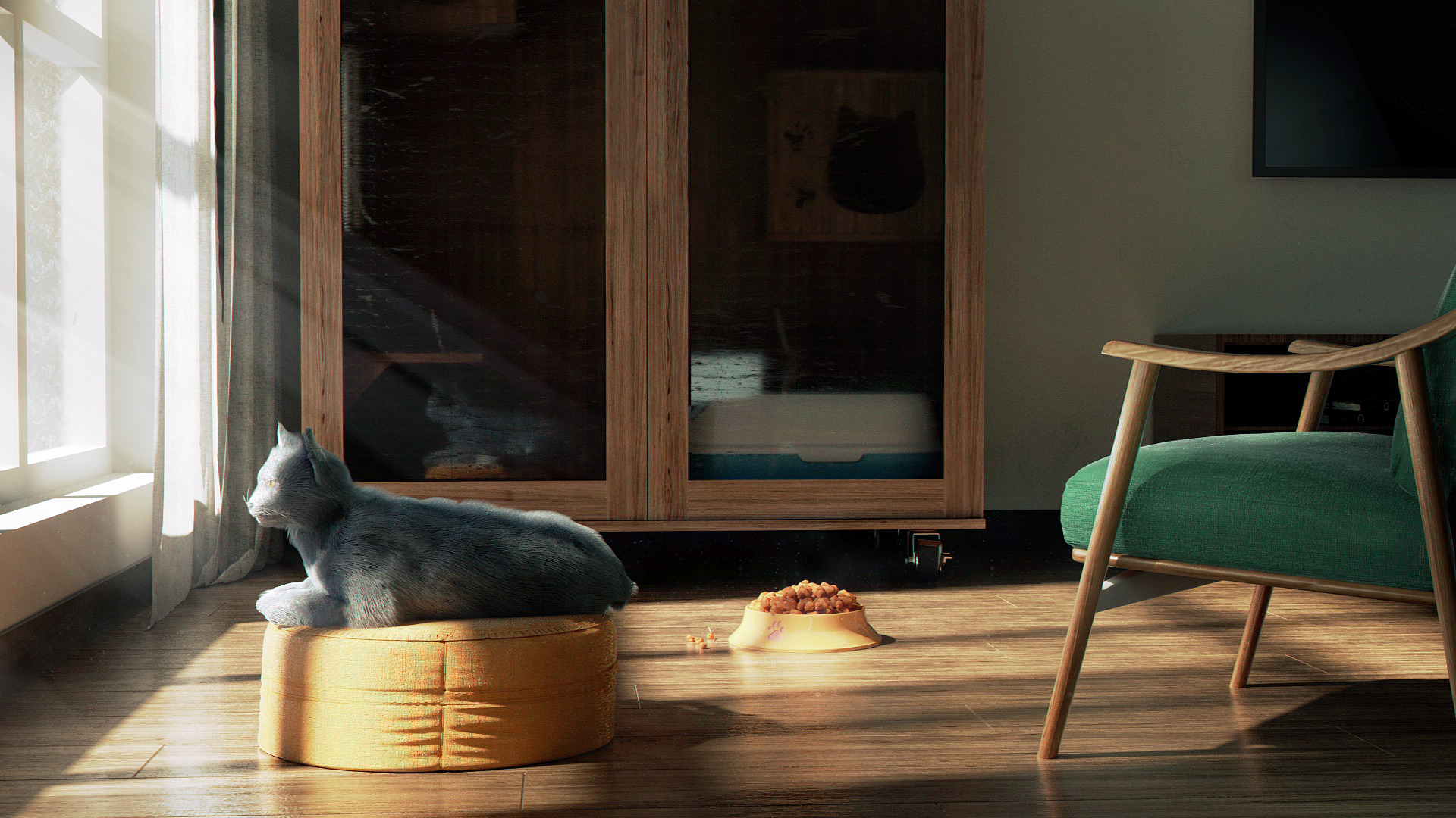 【206猫粮室内客厅】C4D工程OC渲染3D模型素材场景灯光贴图源文件