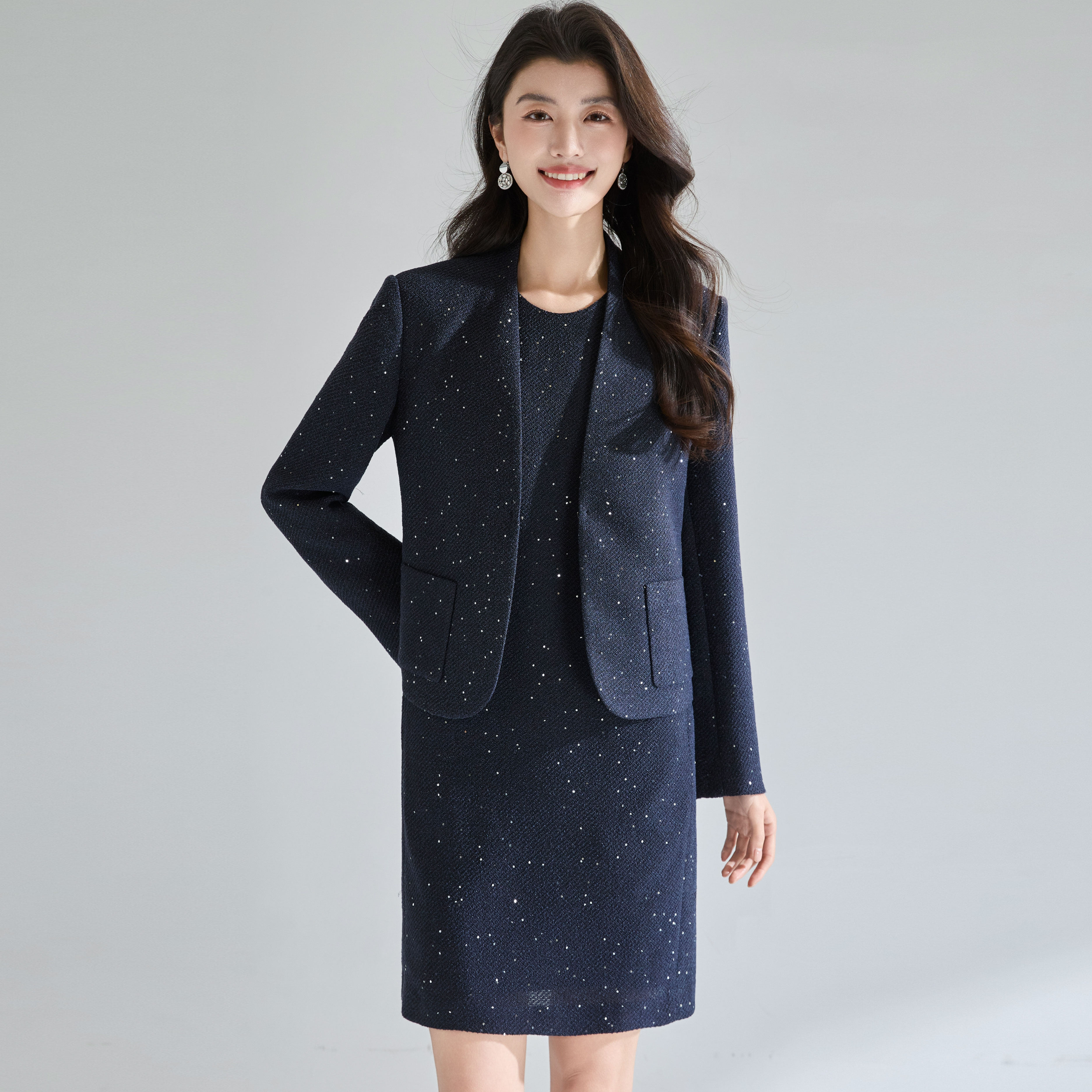 轻奢风气质亮片西装外套连衣裙套装女长袖职业装时尚晚宴风连衣裙,女装/女士精品,职业女裙套装,淘宝优惠券,粉丝福利购,淘宝优惠卷