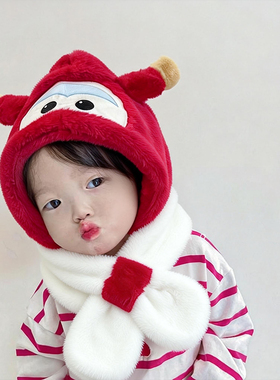儿童帽子围巾一体冬季卡通男女童加绒加厚保暖护耳护脖宝宝帽秋冬