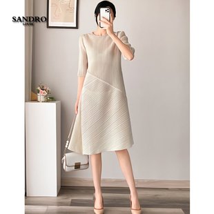 外贸品牌撤柜清仓三宅褶皱连衣裙女别致设计感裙宽松七分袖a字裙