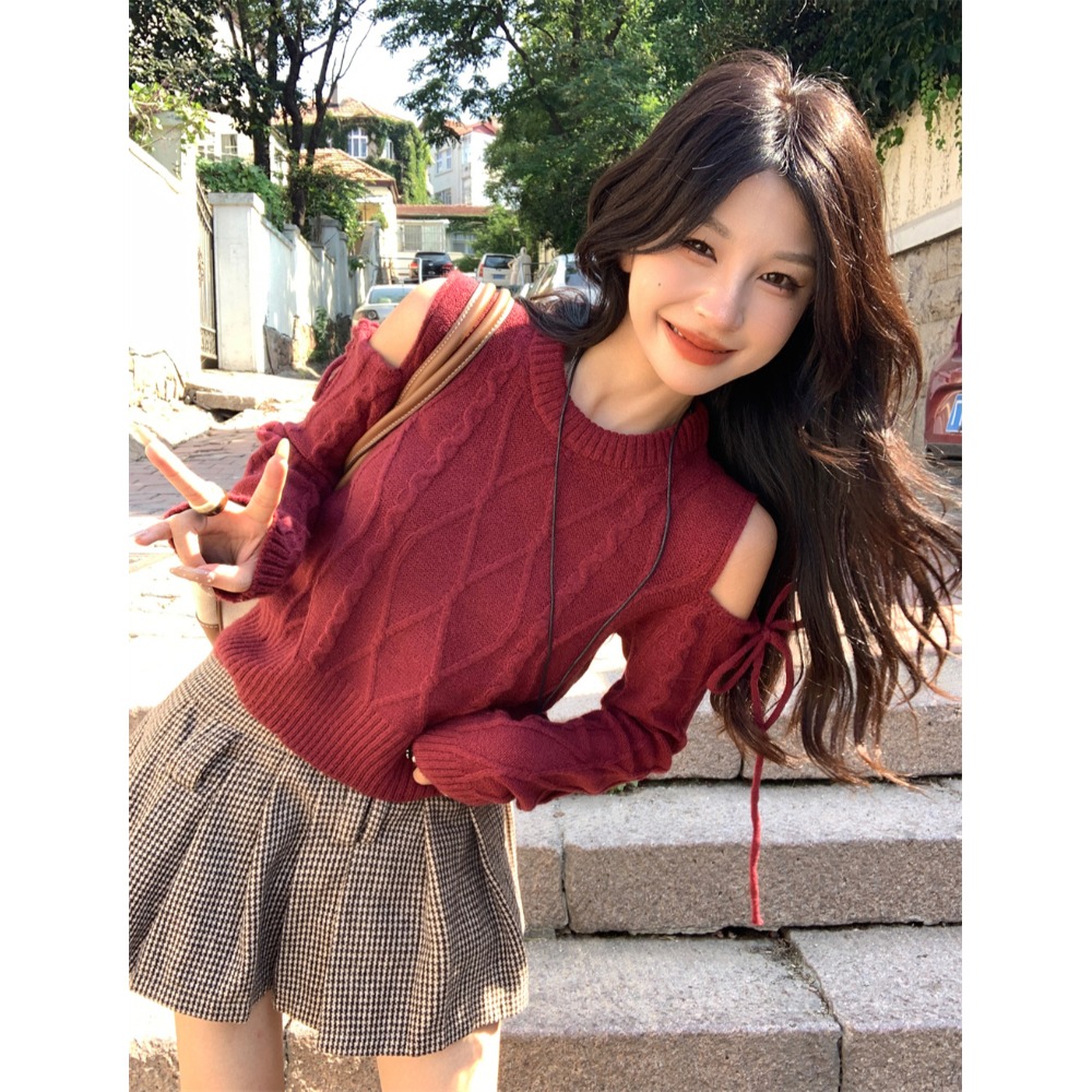 复古红色露户绑带设计感针织毛衣女学生韩版