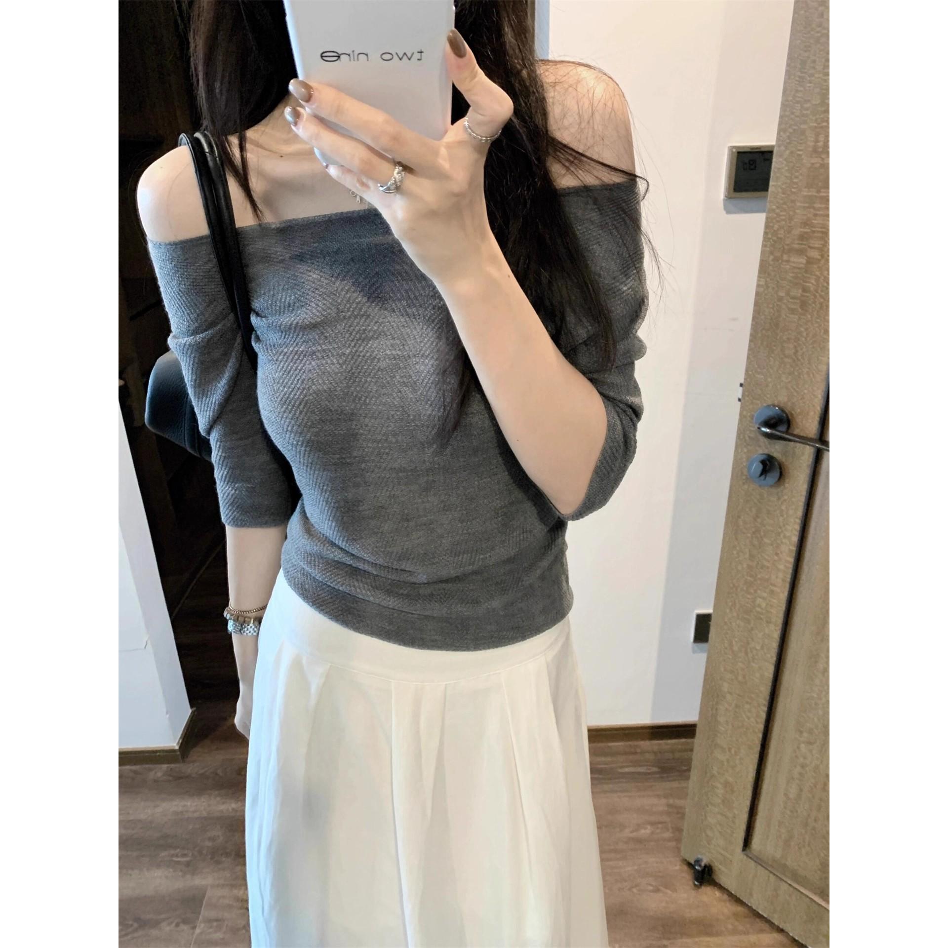 一字肩针织短袖T恤女夏季修身