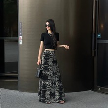 高级国风黑色提花设计高腰长款垂感A字休闲雪纺薄款半身裙夏季女