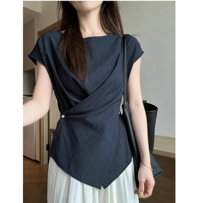 藏青色不规则收腰显瘦短袖t恤女