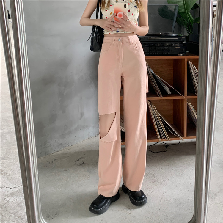 Real price ~ Pink hole straight jeans women's loose high waist slim wide leg floor length pants