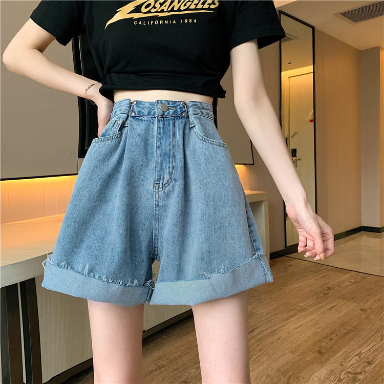 Real price ~ denim shorts women's straight tube Hong Kong style summer loose hemmed high waist wide leg pant women